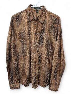 Lauren Ralph Lauren Brown Snakeskin Button Down Long Sleeve Top XL Preppy Chic